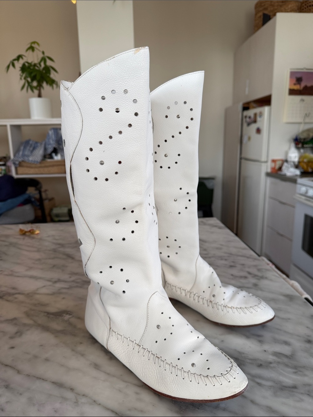 Chandler White Women's Perforated Knee-High Leather mocassin Boots